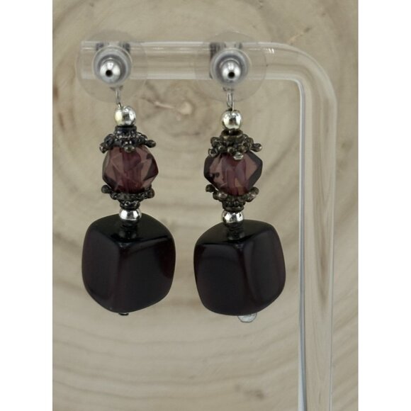 Vintage Boho Beaded Dangle Earrings Purple Glass & Black Cube Beads Silver Tone - Picture 4 of 6